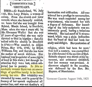Historic obituary of Lucy Prince, notable woman of color, praised for her intellect and dedication to God (Vermont Gazette, 1821).