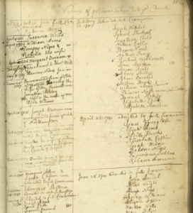 Handwritten church record from 1730s-1740s, listing member names and dates of admission to full communion.