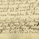 Old handwritten birth records from the 1700s showing family names, dates, and baptism details on aged paper.