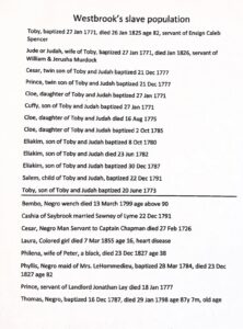 List detailing names and details of Westbrook's slave population, including baptisms, deaths, and servitude roles.
