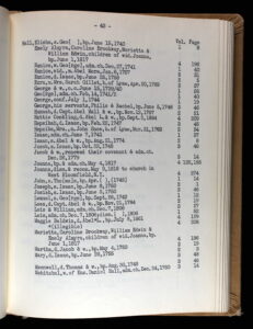 Page of historical genealogy records showing names, birthdates, and locations of individuals from the 18th century.