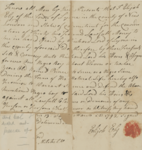 Old handwritten document, late 18th century, detailing a transaction; includes names, dates, and legal language.