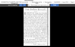 Historical 1800 runaway slave advertisement from Connecticut Gazette offering reward for return.