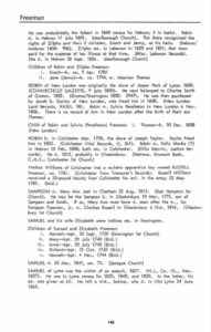 Historical genealogical records of the Freeman family detailing lineage and important life events.