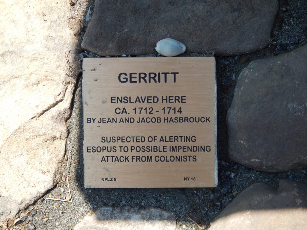 Historical marker for Gerritt, enslaved ca. 1712-1714, suspected of warning Esopus of colonist attack, by Jean and Jacob Hasbrouck.