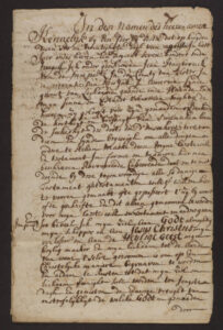 Handwritten antique Dutch document with cursive script, featuring historical legal or religious text on aged paper.